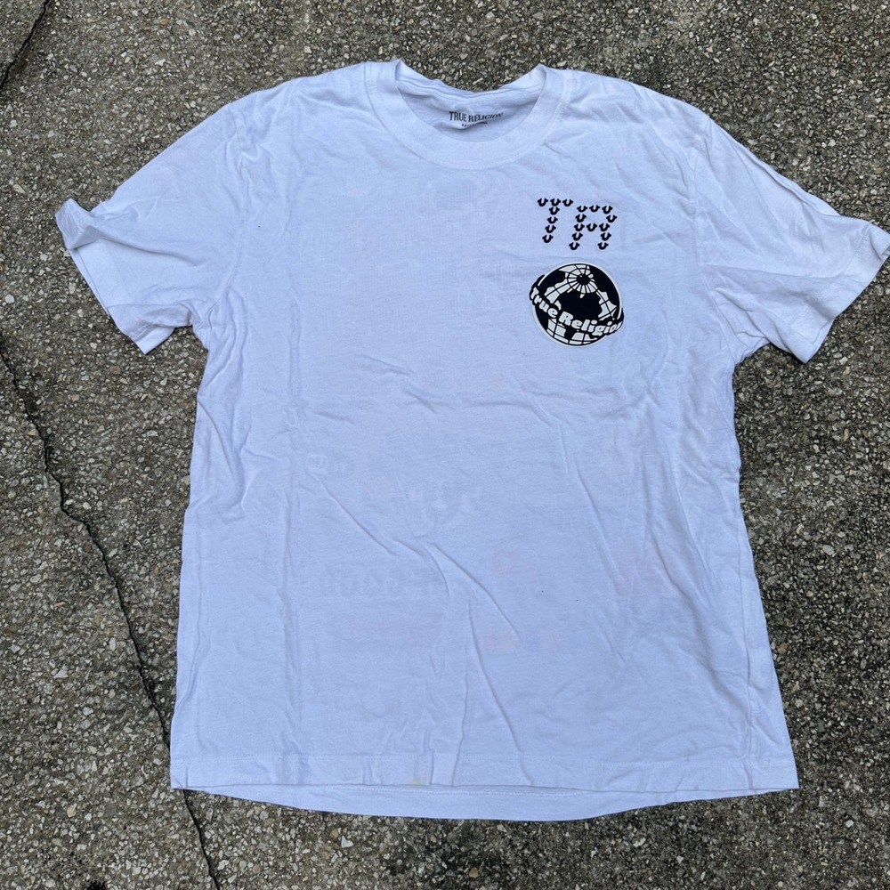 True Religion Mens White Multi Logo Graphic T-Shirt Small Short Sleeve Buddha